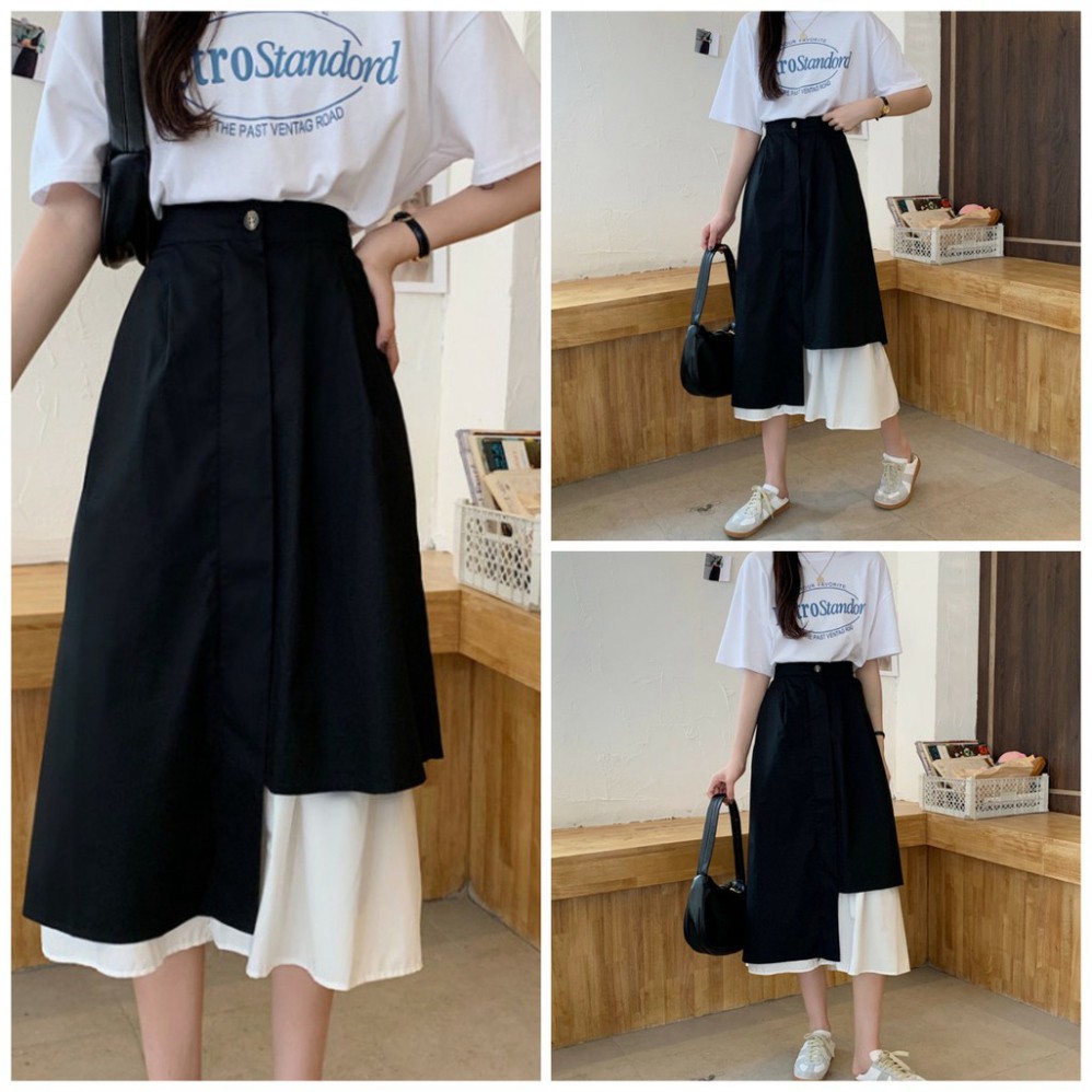 {EVACICI}  Chân váy dài ulzzang xòe vạt lệch phối đen trắng-Chân váy tầng phong cách hàn quốc CV09 | BigBuy360 - bigbuy360.vn