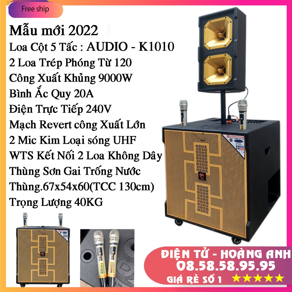 Loa kéo cột AUDIO-K1010 công xuất 9000W (Bass 50 + full - 2 đường tiếng) cao cấp, chính hãng, kèm 2 micro UHF