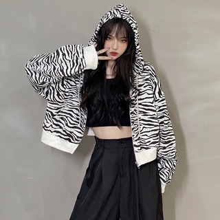Áo Khoác Sweater Dáng Rộng In Họa Tiết Ngựa Vằn Phối Khóa Kéo Cá Tính Kiểu Hàn Quốc