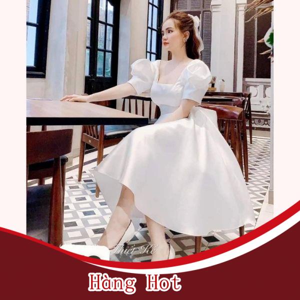 Váy Thiết Kế Nơ Lưng Chữ A, Váy xòe chữ a trắng cổ vuông tay bồng - ThoiT