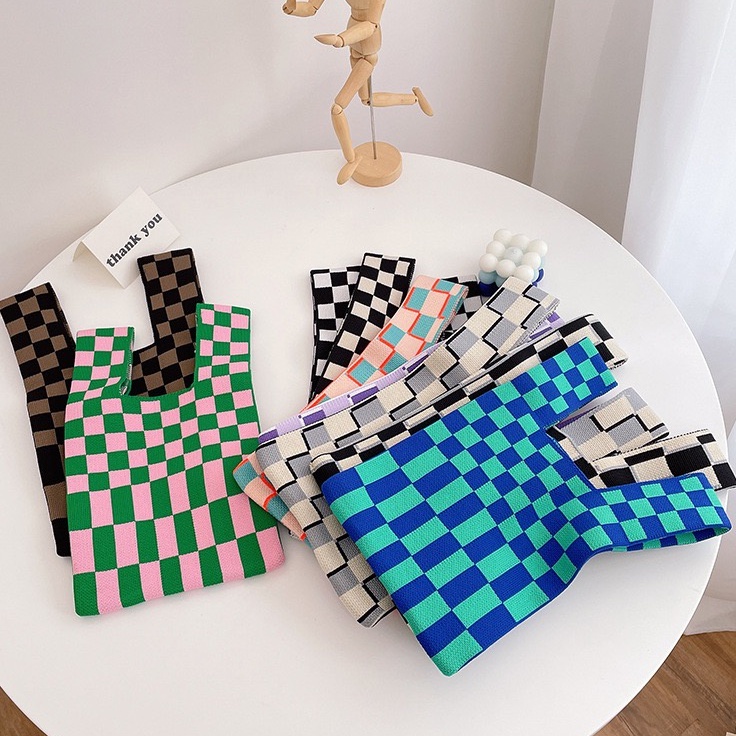 Túi Đeo Vai Đan Len Họa Tiết Sọc Caro Thời Trang Cho Nữ