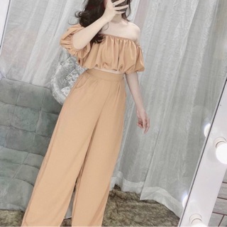 Set bộ trễ vai quần ống rộng