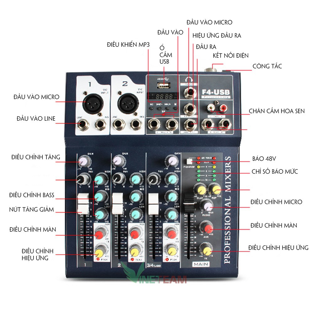 Bộ chộn âm thanh Mixer F4 Pro USB có Bluetooth bản nâng cấp tặng dây truyền nhạc ,Zắc 6.5 -dc4178+dc867+dc3125