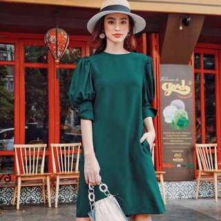 Đầm váy freesize xanh lính tay nút bọc