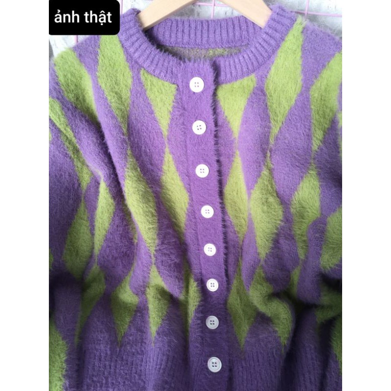 Áo khoác len hoạ tiết xanh tím cardigan IU