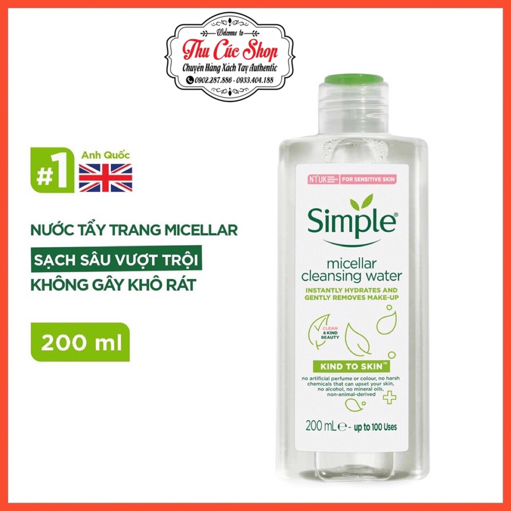 Nước tẩy trang Simple kind to skin micellar cleansing water 200ml