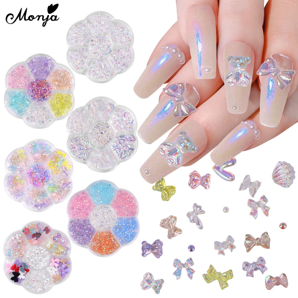Phụ kiện đính trang trí móng tay Monja 7 ngăn hình gấu/ nơ/ bướm kim tuyến cực quang bằng hợp kim DIY