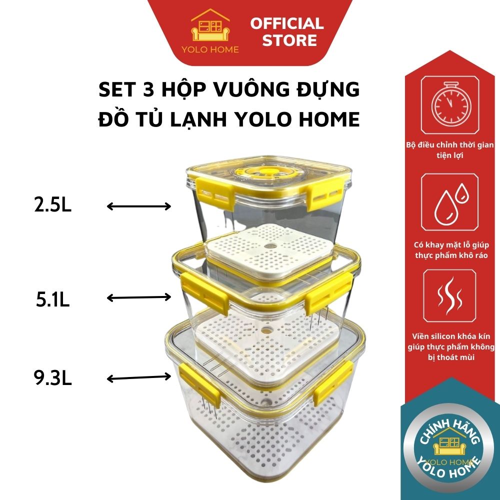 Bộ 3 Hộp Nhựa Vuông YOLO HOME Đựng Thức Ăn Tủ Lạnh, Hộp Thực Phẩm Có Vòng Ghi Chú Thời Gian Tiện Lợi