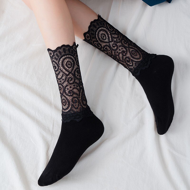 Vớ ren cotton trắng thanh lịch dài phong cách Lolita Nhật Bản cho nữ