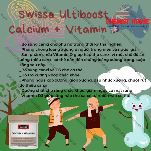 Viên uống hỗ trợ xương chắc khỏe loãng xương bổ sung canxi Úc Swisse Ultiboost Calcium + Vitamin D HSD Xa