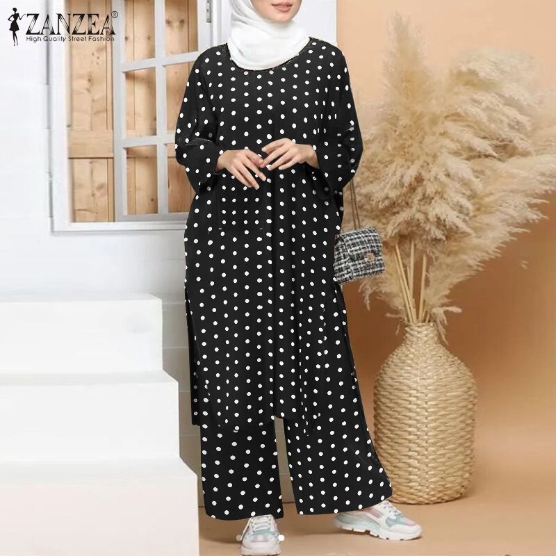 Set áo dài xẻ tà và quần dài Zanzea họa tiết chấm bi giản đơn thời trang cho nữ