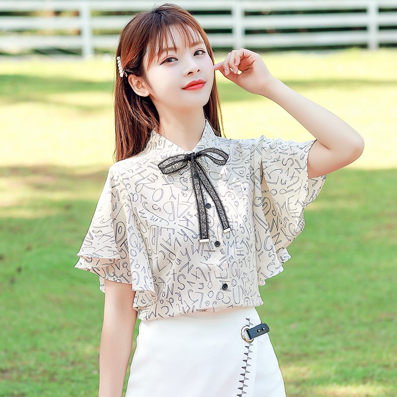 Áo sơ mi chiffon tay ngắn phối bèo in họa tiết phong cách mùa hè Hàn Quốc cho nữ | BigBuy360 - bigbuy360.vn