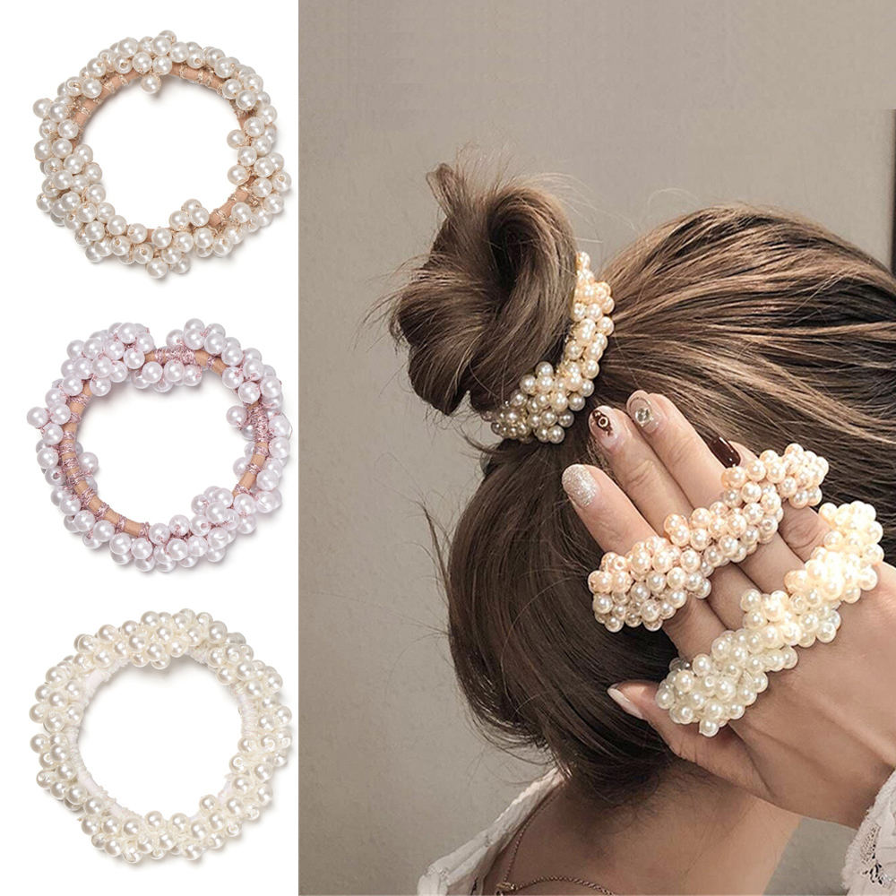 WATTLE Women Headwear Rubber Hair Band Pearl Headband Scrunchie Elastic Ornament Fashion Hair Rope/Multicolor