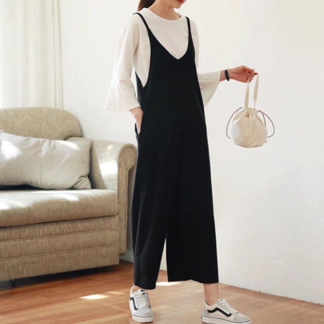 [CÓ SẴN, CÓ ẢNH THẬT] Quần Yếm Đen Ống Rộng Freesize | BigBuy360 - bigbuy360.vn