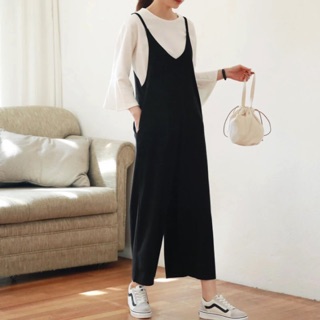 [CÓ SẴN, CÓ ẢNH THẬT] Quần Yếm Đen Ống Rộng Freesize