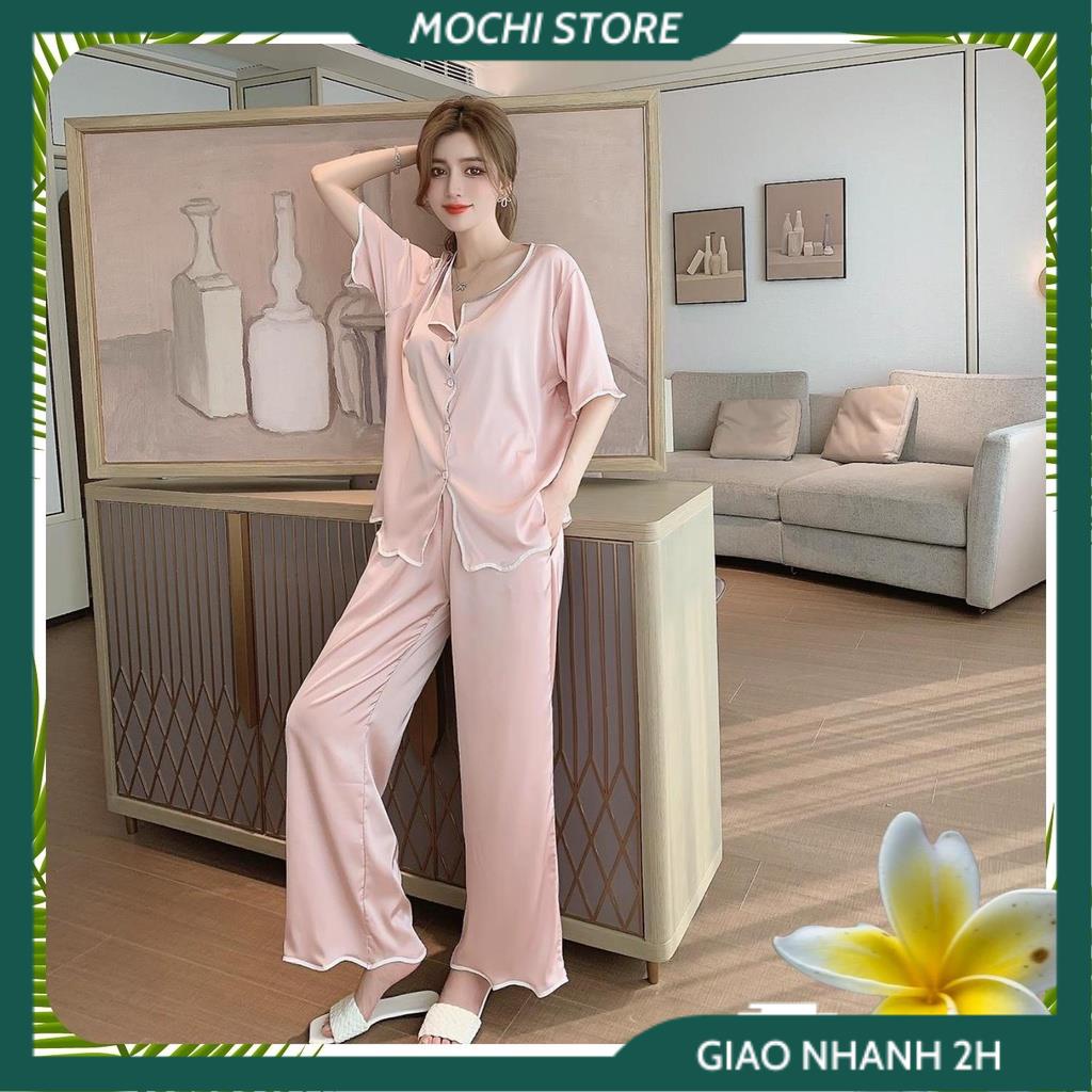 Đồ Pijama, Đồ Bộ Nữ, Bộ Áo Nữ Tay Ngắn Phối Màu Quần Dài Lượn Sóng Chất Lụa Satin Màu Trơn Thời Trang Mặc Nhà Trẻ Trung
