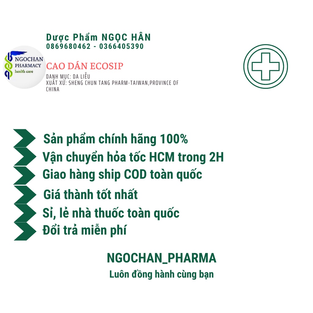 Cao Dán Thảo Dược Ecosip|Giảm Đau Cơ, Đau Khớp|Hộp 20 Gói x 5| Sheng Chun Tang Pharm