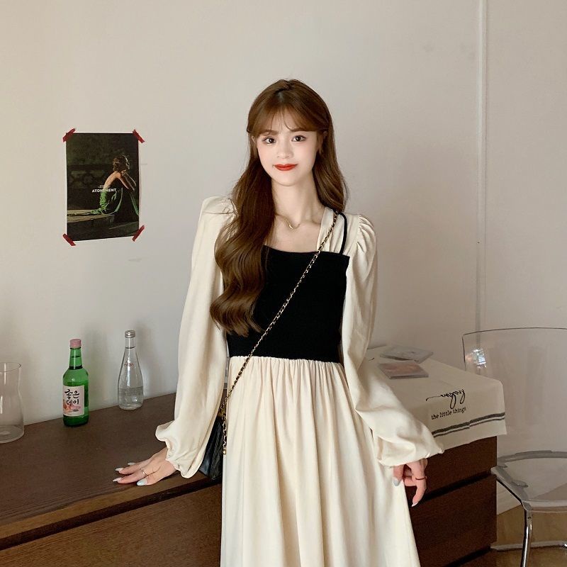 Đầm dáng dài cổ vuông thiết kế mới phong cách retro Pháp thời trang xuân thu 2021