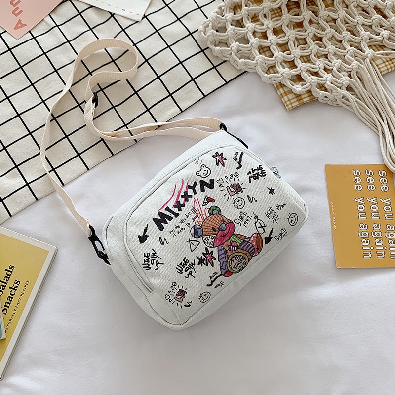 Túi đeo chéo canvas dáng vuông in họa tiết dễ thương thời trang cho nữ