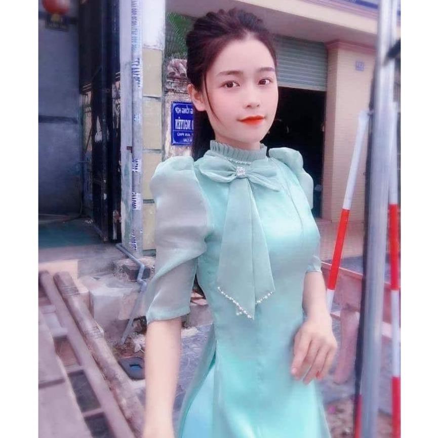 Áo Dài Cách Tân Nữ 4 Tà Lụa Tơ Sống Vàng Cổ Bèo Vai Bồng Đính Nơ Ngọc Đẹp CTV020