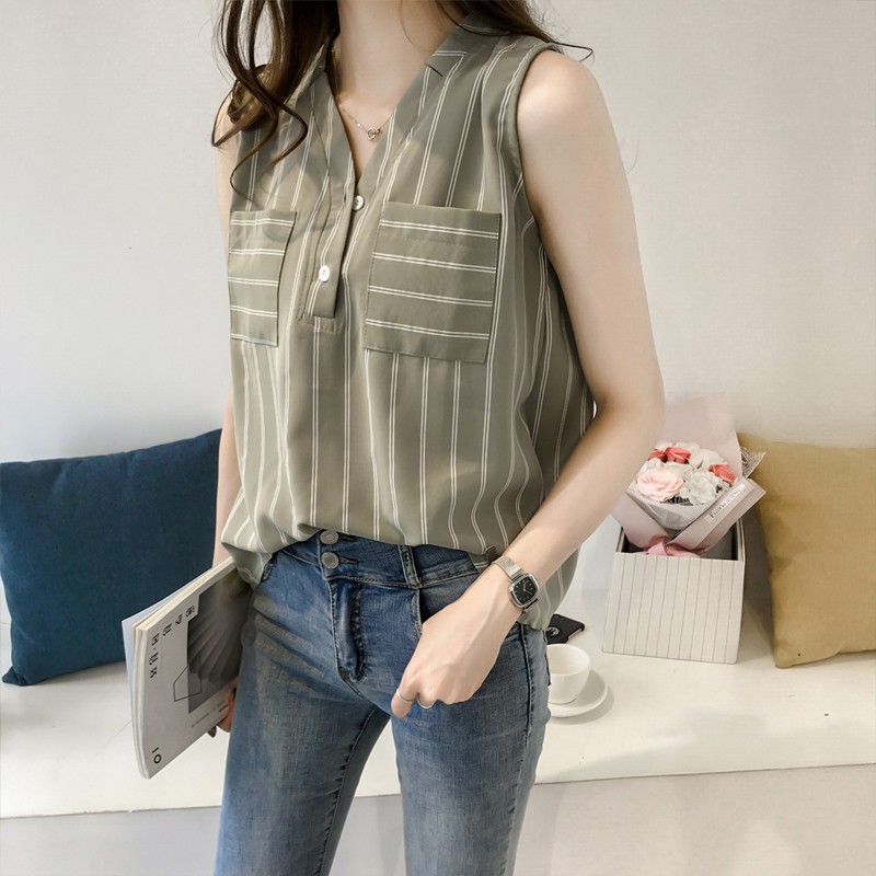 FREESHIP ĐƠN 99K_ Áo Chiffon Sát Nách Cổ Chữ V Hoạ Tiết Kẻ Sọc Cho Phái Nữ