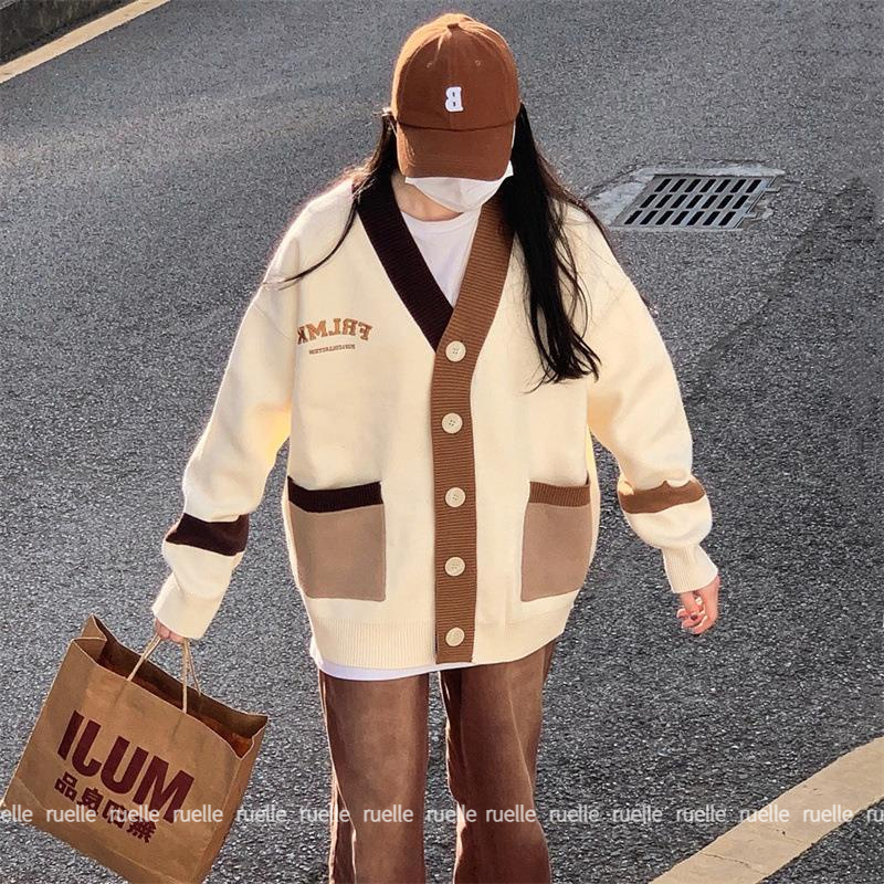 Áo Khoác Cardigan Dệt Kim Tay Dài Cổ Chữ V Dáng Rộng Thêu Chữ Phối Màu Thời Trang Vintage Dành Cho Nữ