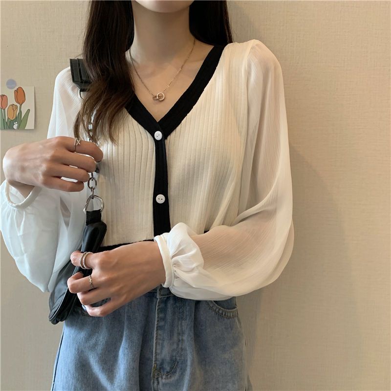 Áo Cardigan Dệt Kim Tay Dài Phồng Cổ Chữ V Màu Sắc Tương Phản Thời Trang Mùa Thu Phong Cách Hàn Quốc Cho Nữ 210914 | WebRaoVat - webraovat.net.vn