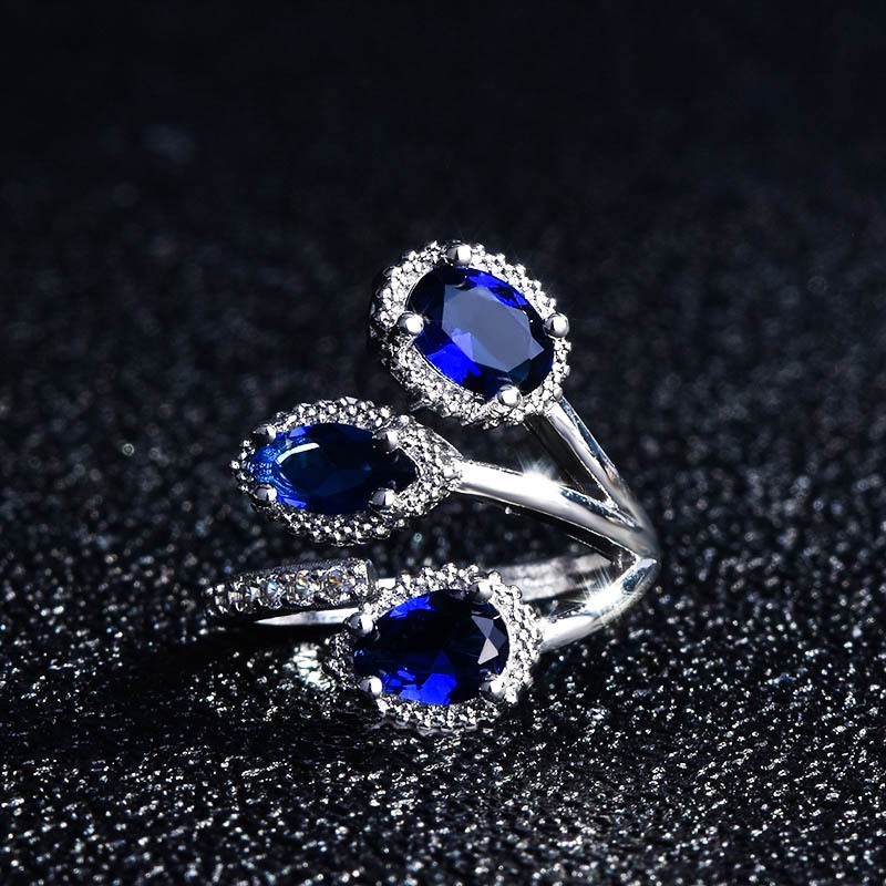 925 bạc sáng tạo khảm nữ nhẫn sapphire đồ trang sức có thể điều chỉnh