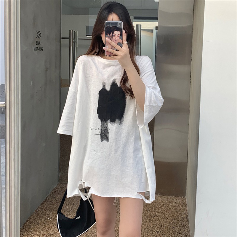 Áo thun ZHELIHANGFEI tay ngắn dáng rộng in họa tiết thời trang mùa hè cho nữ