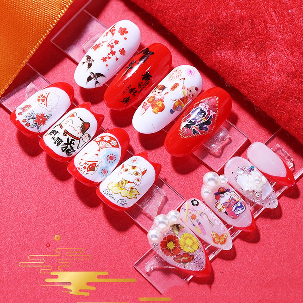 [Hàng mới về] Nhãn dán móng tay hình mèo may mắn phong cách Trung Hoa thời trang cho năm mới