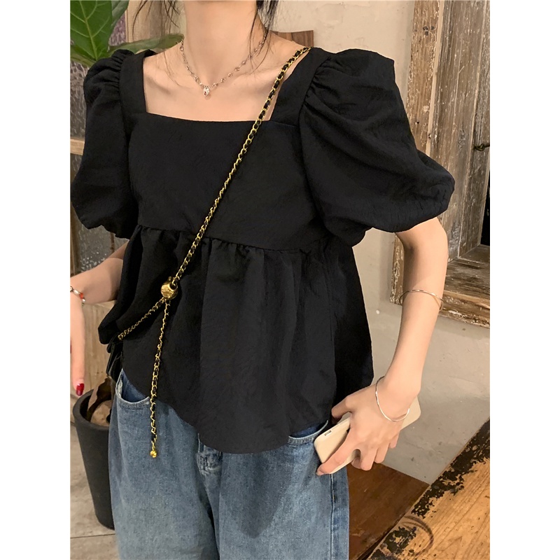 Áo babydoll tay phồng cổ vuông dày dặn phong cách hàn quốc dễ thương
