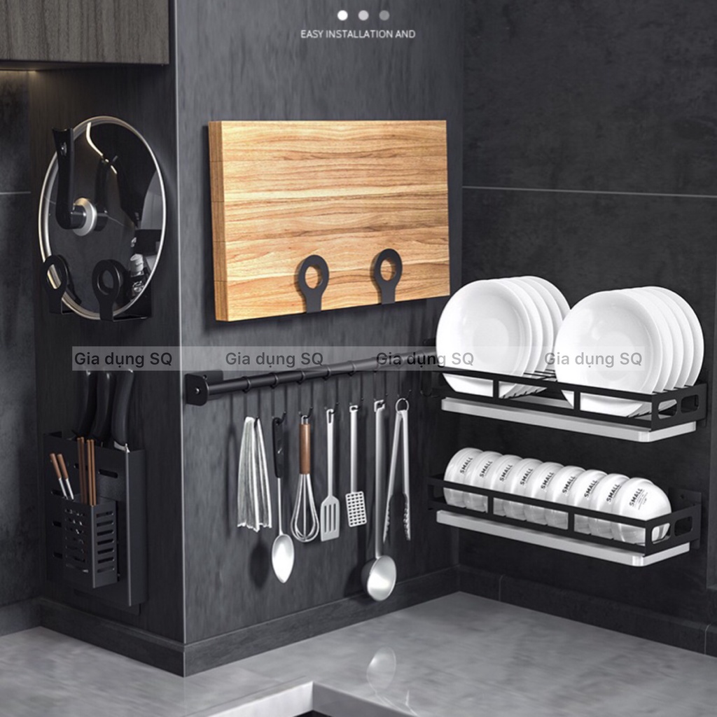 Bộ kệ nhà bếp dán tường inox Sơn tĩnh điện màu đen gồm kệ gia vị, kệ chén, giá để dao, kệ để thớt, móc treo muỗng | BigBuy360 - bigbuy360.vn