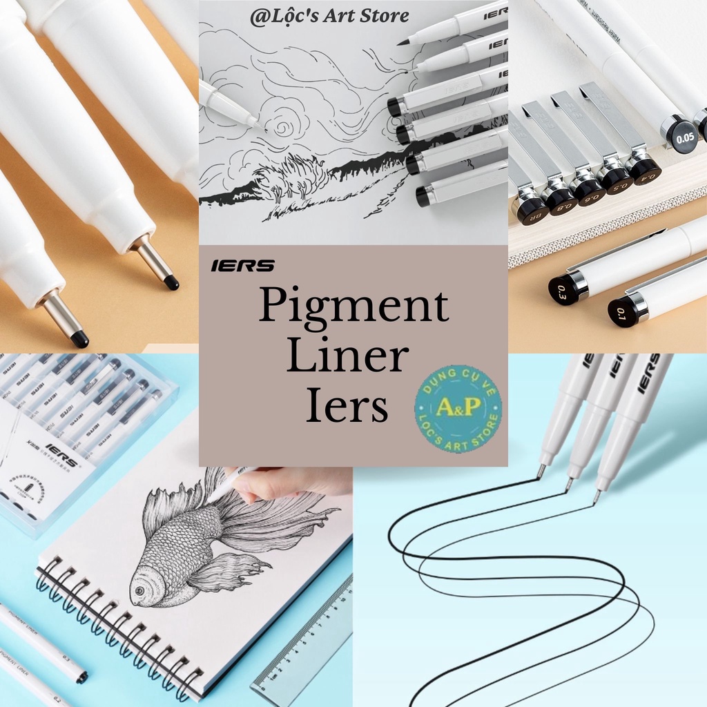 [Lộc's Art Store] Bộ 9 Cây Bút Đi Nét / Bút Kim IERS Mực Đen Kháng Nước (Pigment Liner IERS 9 PCS)