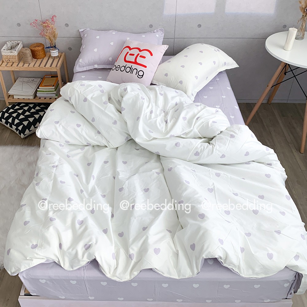 Bộ chăn ga gối Poly Cotton REE Bedding PLC100 trái tim xám tím đủ size giường nệm