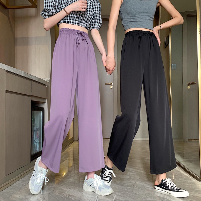 SUXI Quần Dài Lưng Cao Ống Rộng Màu Trơn Thời Trang Mùa Hè Hàn Quốc