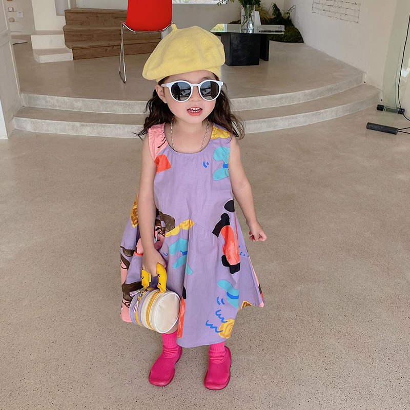 Đầm Không Tay Cổ Tròn Dáng Rộng In Họa Tiết Hoạt Hình Phong Cách Hàn Quốc Thời Trang Mùa Hè Xinh Xắn Cho Bé Gái