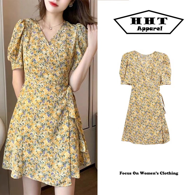 Đầm Váy Nữ Tay Ngắn Cổ Chữ V Màu Sắc Thời Trang Hàn Quốc Mới