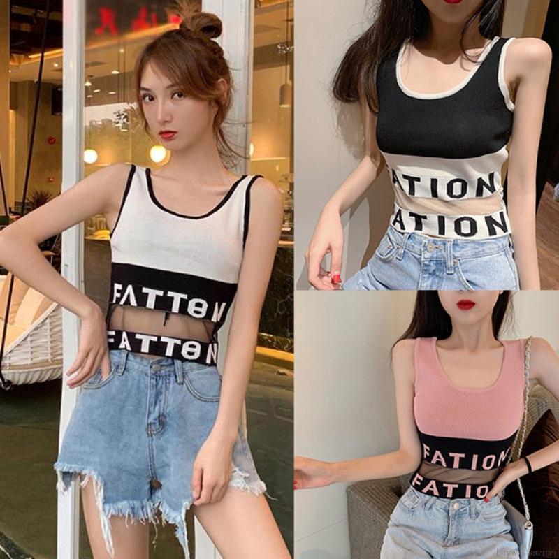 [Baywellfashion]Open Navel Mesh Splicing Knitted Camisole Sleeveless Top