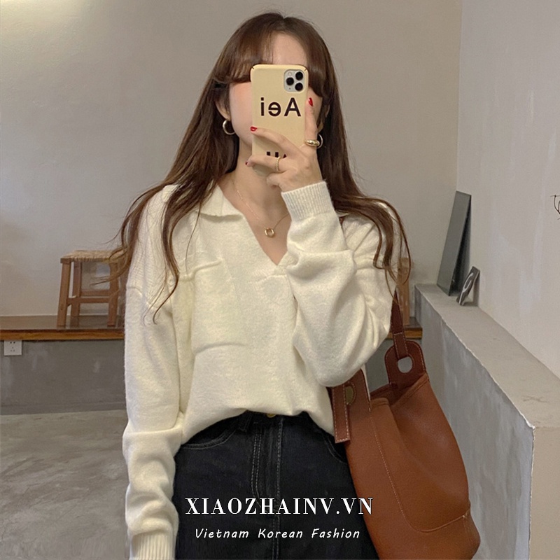Xiaozhainv Áo sweater dệt kim tay dài cổ chữ V thiết kế form rộng thoải mái
