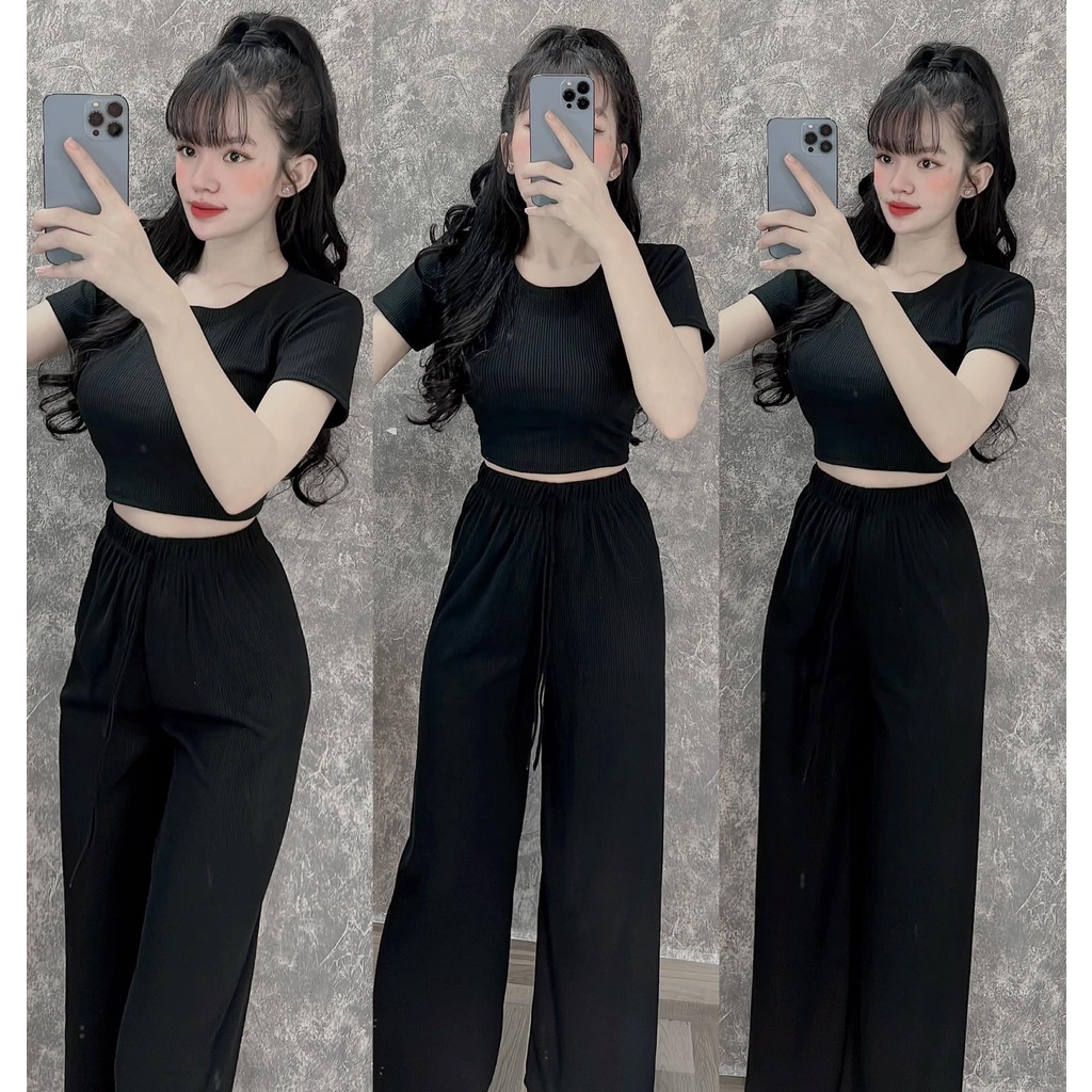 Đồ bộ nữ, set đồ bộ quần ống rộng đai cao có túi và áo croptop ôm ngắn tay vải thun cotton gân, đồ mặc ở nhà nữ