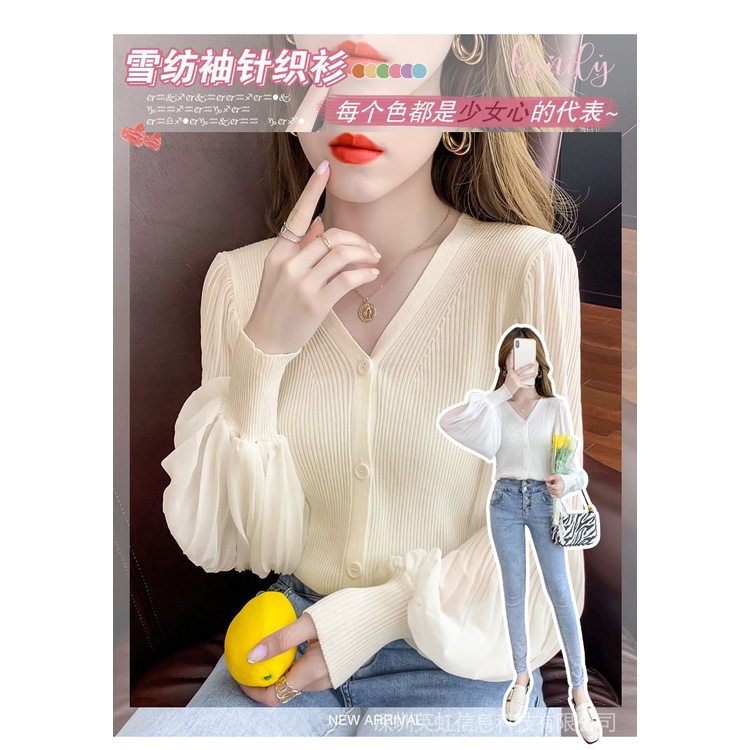 ❤Áo Sweater Dệt Kim Chiffon Tay Dài Cổ Chữ V In Họa Tiết Trái Tim Thời Trang Mùa Thu