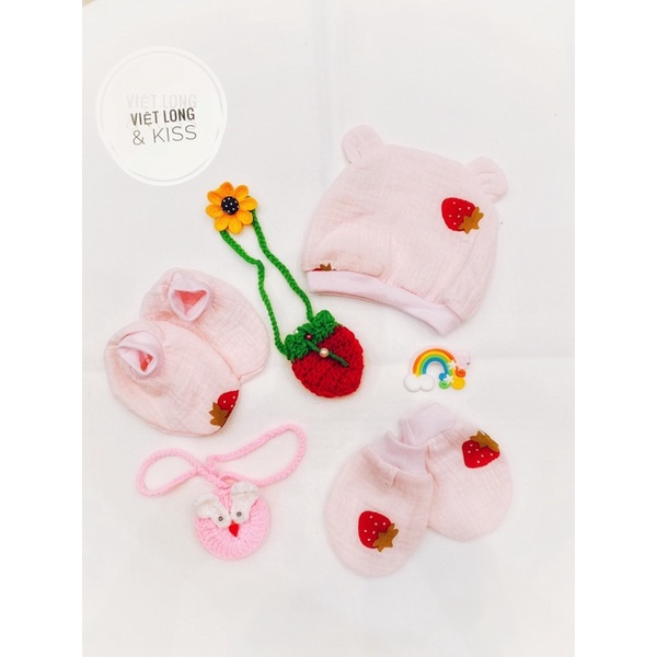 Cả set bao tay-chân-mũ cho trẻ sơ sinh chất xô Muslin siêu mềm