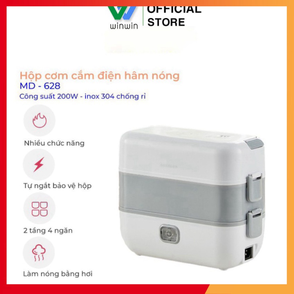 Hộp cơm cắm điện hâm nóng, 2 tầng 4 ngăn, công suất 200W đa chức năng nấu cơm, hầm, hâm_Vimart