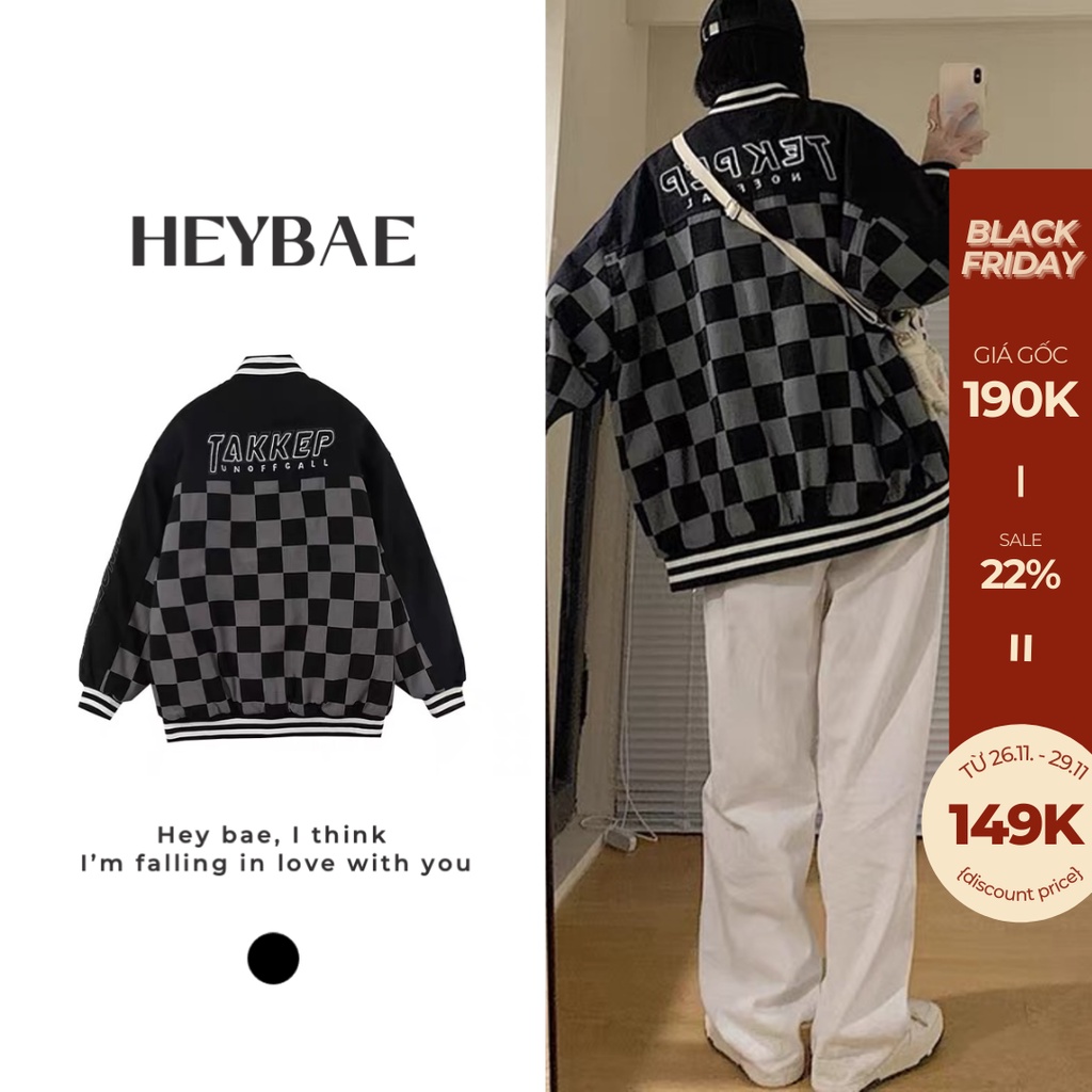 Áo khoác bomber dáng rộng unisex Checked HEYBAE oversize caro áo khoác có cúc chất nỉ dày khoác ngoài AK041 | BigBuy360 - bigbuy360.vn