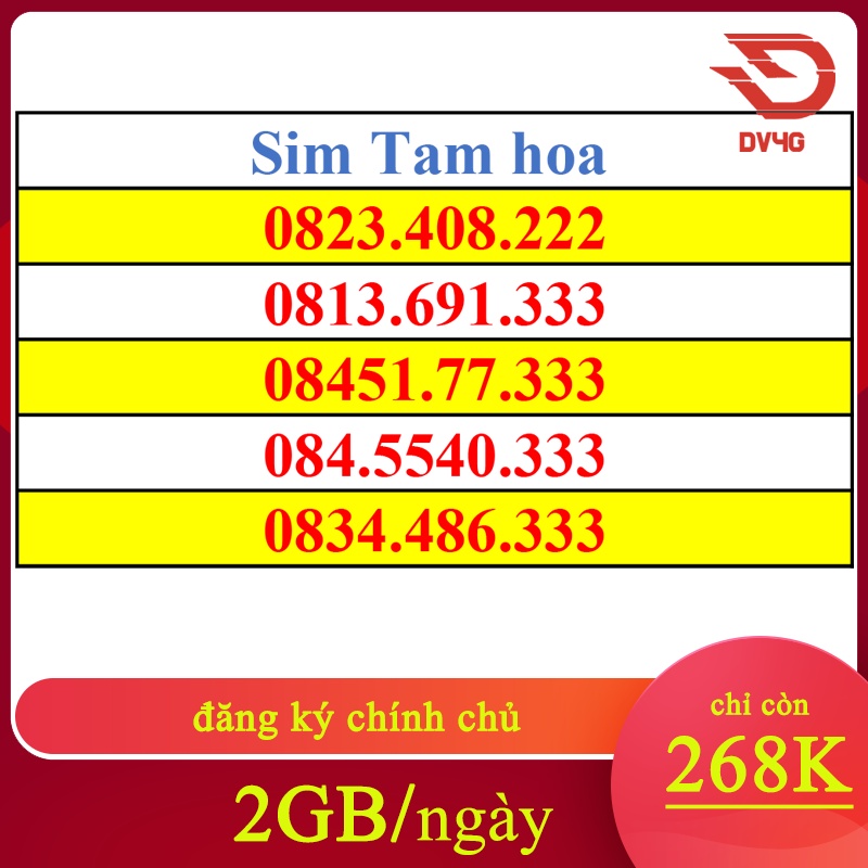 Sim Tam Hoa 222 - 333  Giá Rẻ Đẹp ( Sim vào tên chính chủ ) Có Sẵn Gói 2GB/ ngày, Free gọi