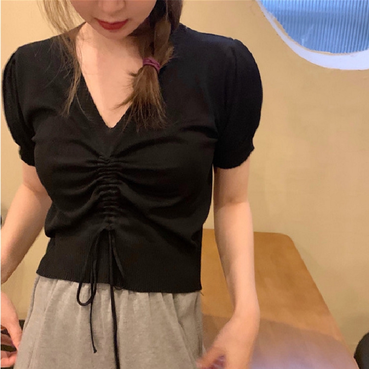 IELGY   Áo Croptop Dệt Kim Tay Phồng Ngắn Dáng Rộng Phối Dây Rút Cá Tính