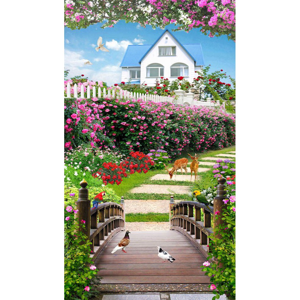 Tranh dán tường 3D phong cảnh tranh dọc khổ đứng - vải lụa kim sa
