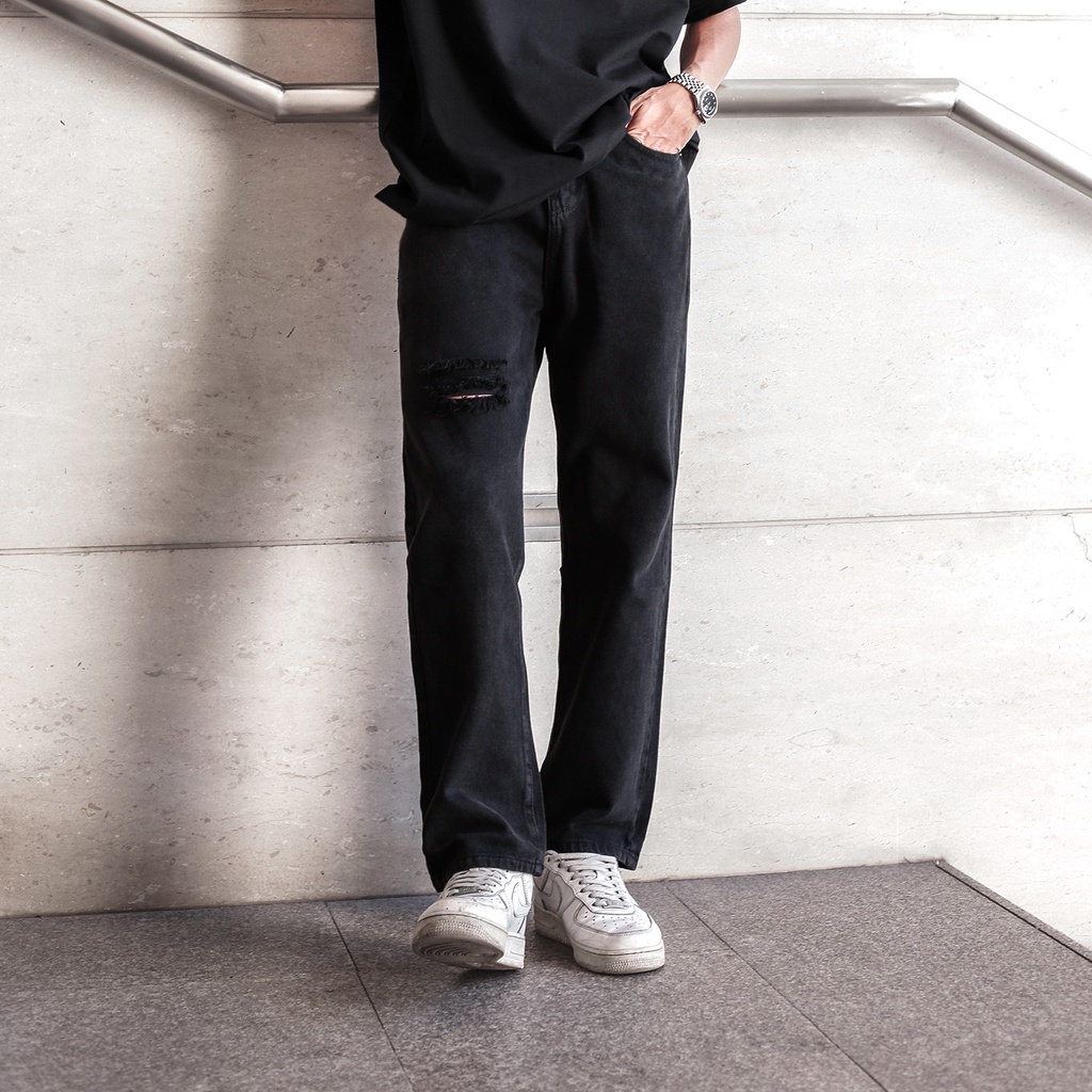 Quần Jean Nam Baggy Đen Ống Suông Rộng Rách Gối Kiểu Vải Denim Chất liệu Cotton Unisex Nam Nữ Hot Trend Dễ Phối Đồ