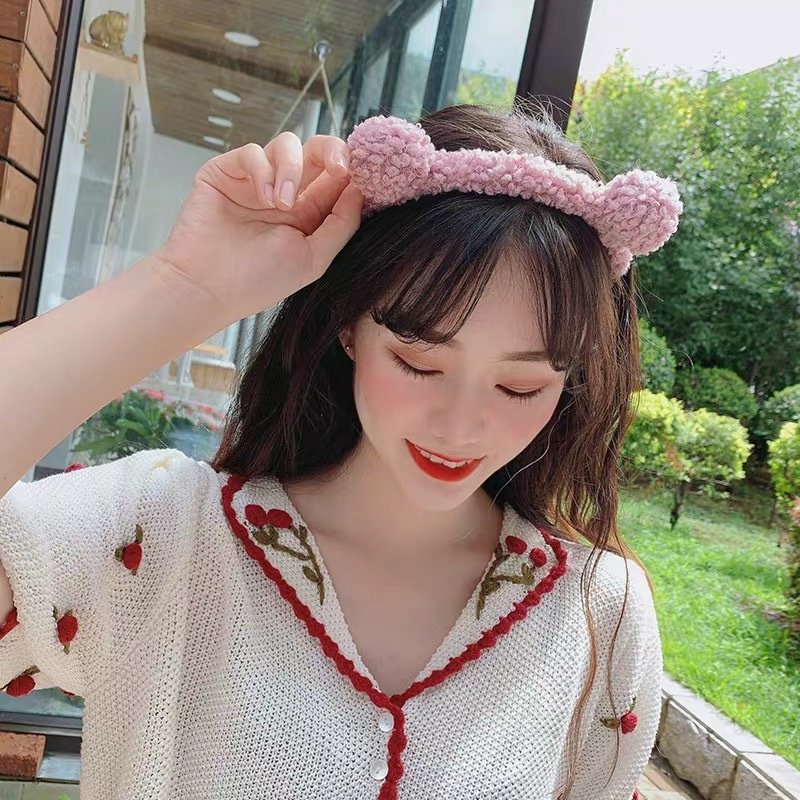 Băng Đô Cài Tóc Rửa Mặt Trang Điểm Hình Gấu Bằng Len Màu Sắc Trơn Phong Cách Hàn Quốc Cho Nữ