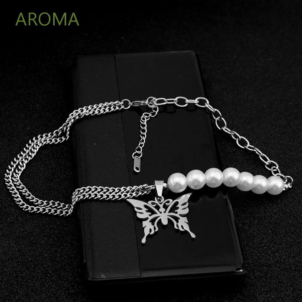 Vòng cổ choker mặt hình bướm bằng kim loại đính ngọc trai phong cách gothic thời trang cho nữ